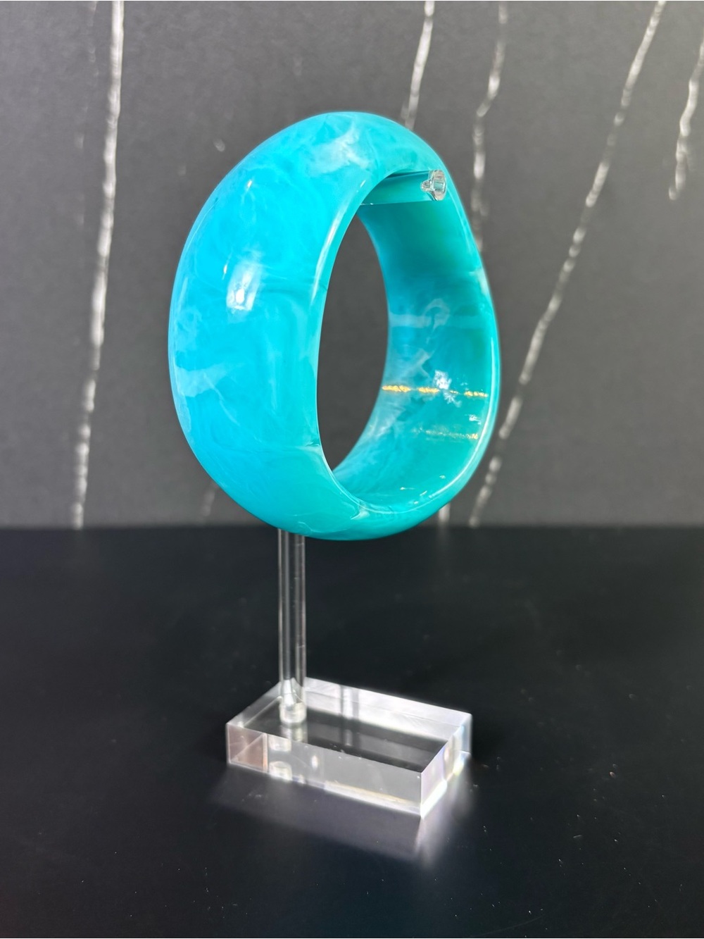 Vintage Turquoise Lucite Bangle Bracelet Chunky Marbled 80s Retro Statement